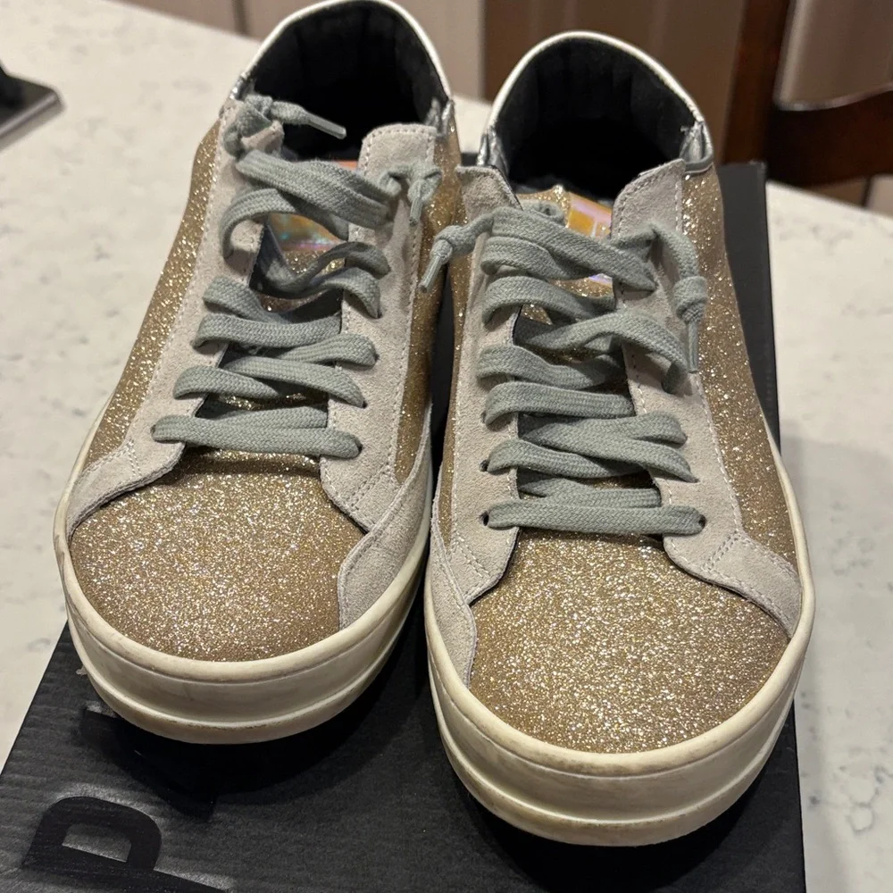 P448 Gold Glitter Women's Sneakers, Sz 38 - Picture 2 of 5